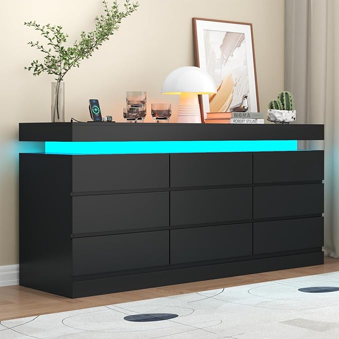 9 Drawer Dresser with Power Outlet, Dresser with LED Light, Modern Chest of by Gyfimoie
