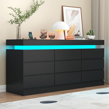 9 Drawer Dresser with Power Outlet, Dresser with LED Light, Modern Chest of by Gyfimoie