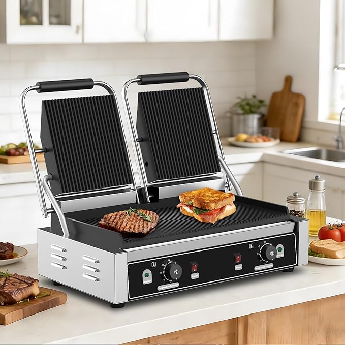 Commercial Dual Head Panini Grill, 3400W Electric Sandwich Panini Maker - Image 8