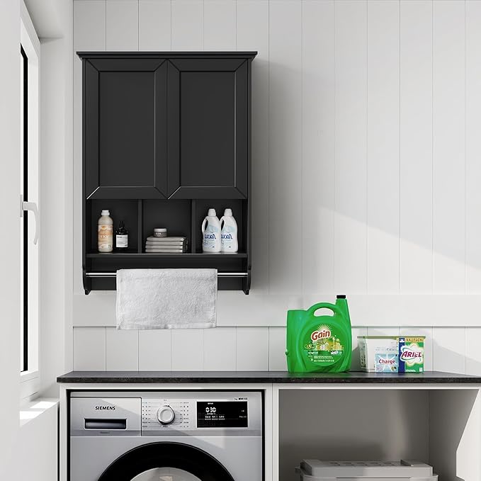 Bathroom Wall Cabinet with Towel Bar, Wooden Medicine Cabinet Adjustable Shelves - Image 8