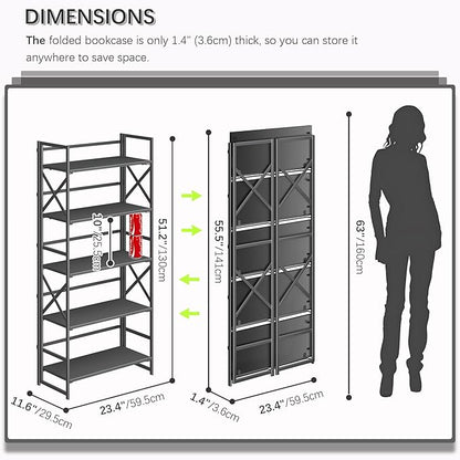 4NM 5 Tiers No Assembly Book Shelves, 51.2" H Folding Bookshelf Bookcase Open - Image 2