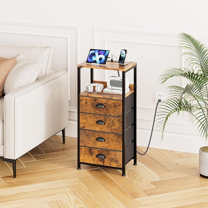 Night Stand with Charging Station & Voice Control LED Night Light, 4 Drawers - Image 2