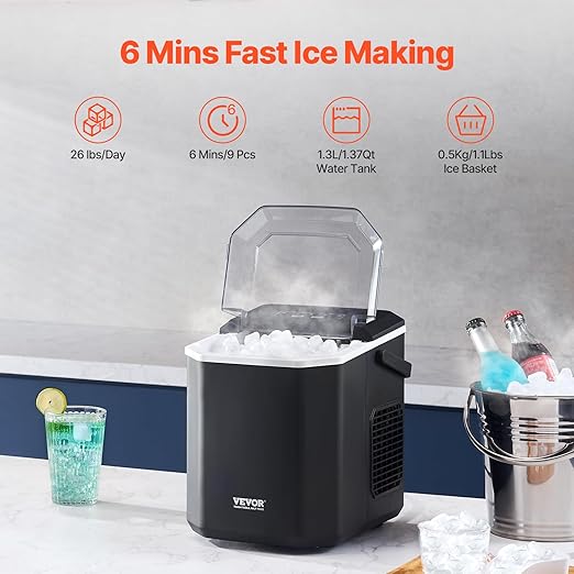 VEVOR Countertop Ice Maker, 9 Cubes Ready in 6 Mins, 26lbs in 24Hrs, - Image 2