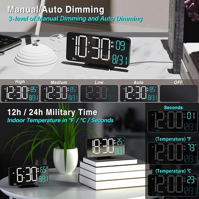 KOSUMOSU Digital Clock for Bedroom 6.7in Small Digital Alarm Clock Black - Image 5