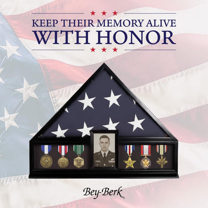 Bey-Berk Personalized American Burial Flag Display Case (Black), Solid Wood Military Shadow Box with Medal Display, 4" x 6" Photo Frame and Glass Front, Fits 5' x 9.5' Veteran Flag