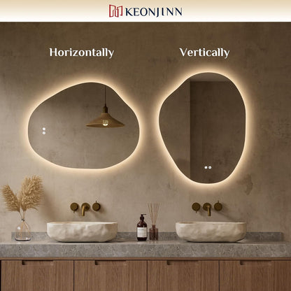 Keonjinn 24 x 36 Inch Irregular Bathroom Mirror with Lights, Tempered Glass | Asymmetrical Backlit Mirror, Stepless Dimmable with 3 Colors, Fast & Safe Defogging, Memory Function, Horizontal/Vertical