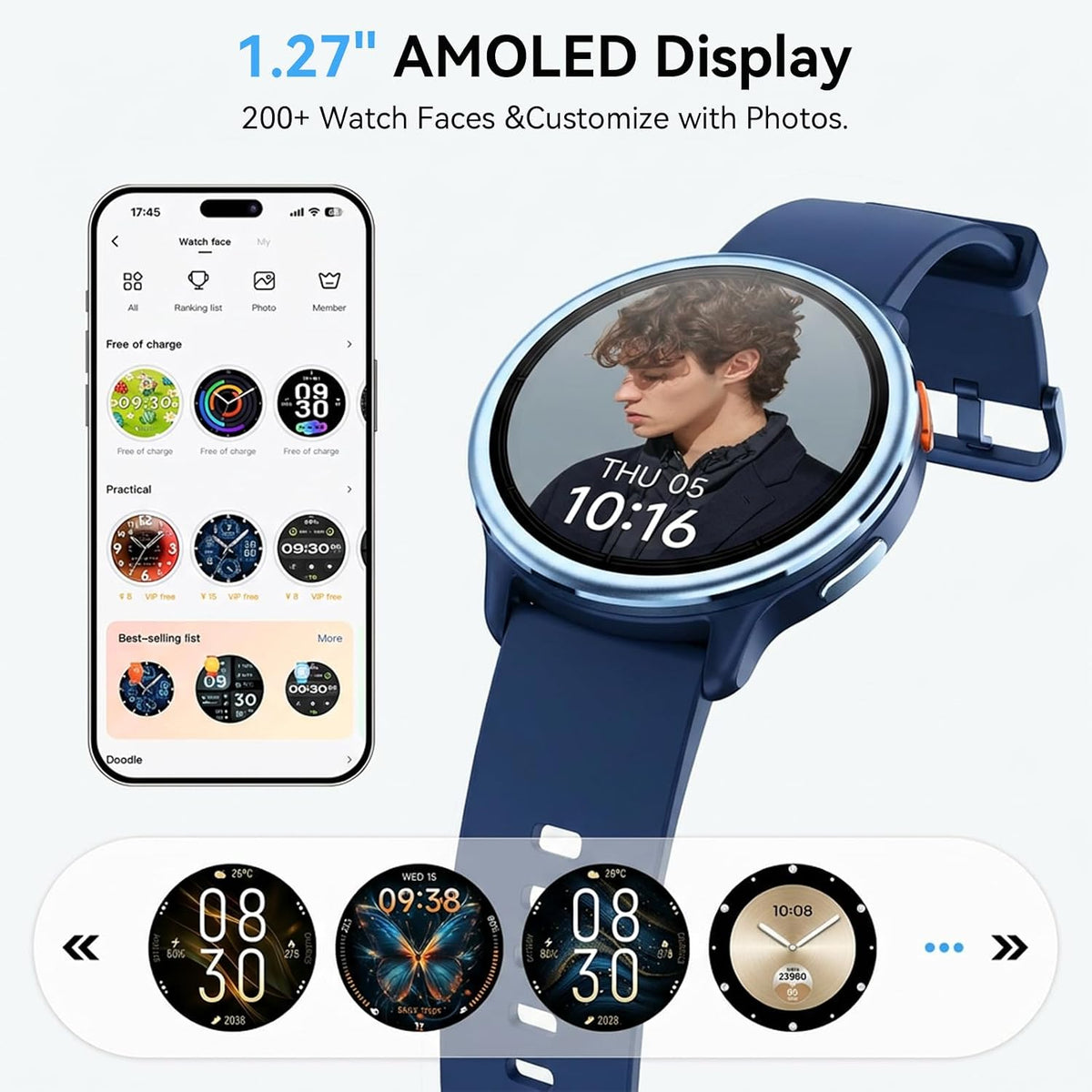smart watch for men women, 1.27" hd smartwatch on a desk or shelf