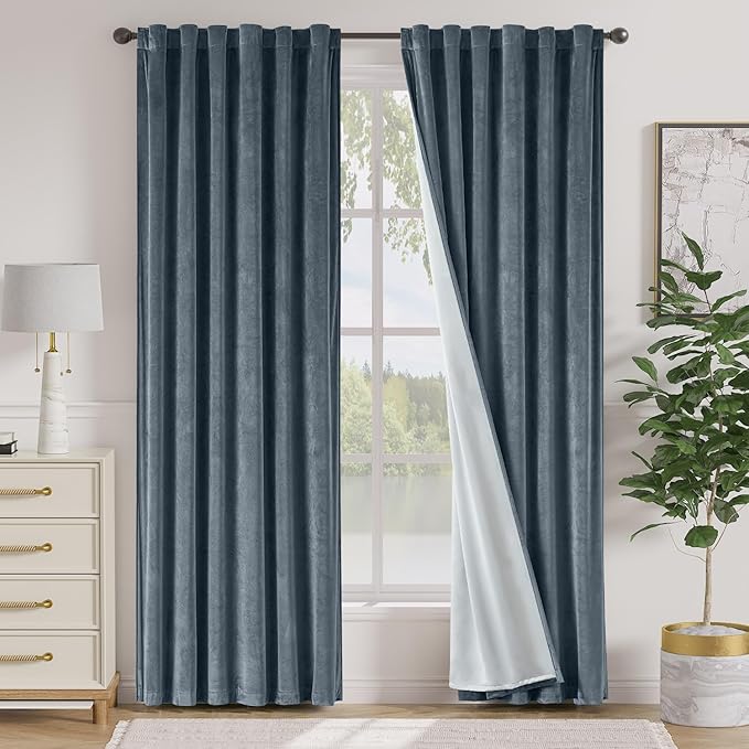 Lazzzy Blue Blackout Velvet Curtains 84 Inch Long Thermal Insulated Room by Lazzzy