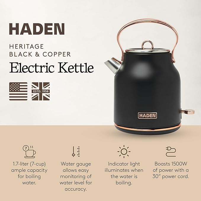 Haden Heritage 1.7 Liter Stainless Steel Electric Kettle, Hot Water Tea Kettle - Image 2