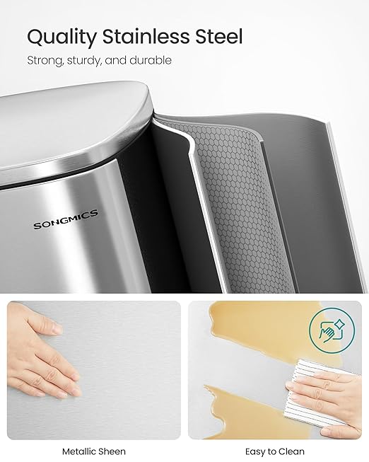 SONGMICS 13 Gallon Trash Can, Stainless Steel Kitchen Garbage Can, Recycling or - Image 3