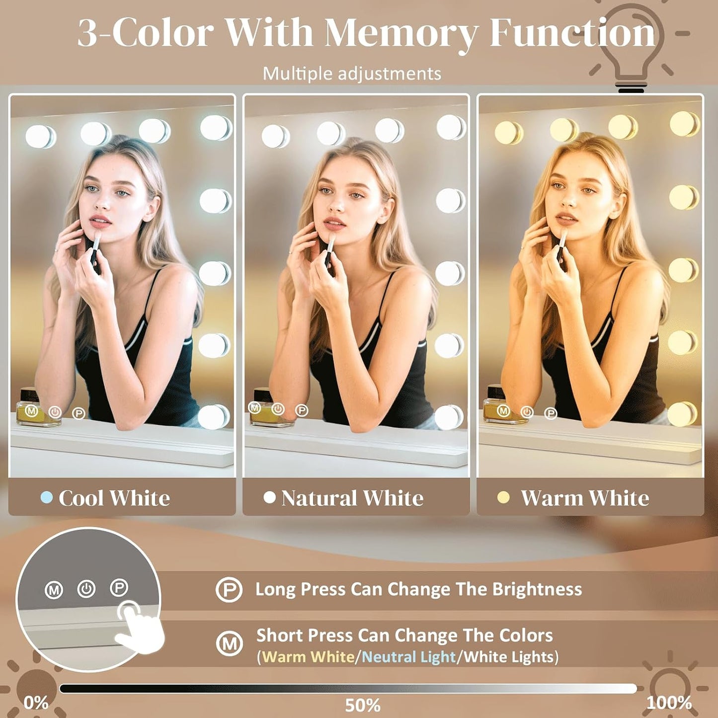 Hollywood Vanity Mirror with Lights, 15 Light Bulbs，3 Color Lights，Make Up Lighted Mirror, Aluminum Metal Frame,USB Charging Port（23" x 18"）