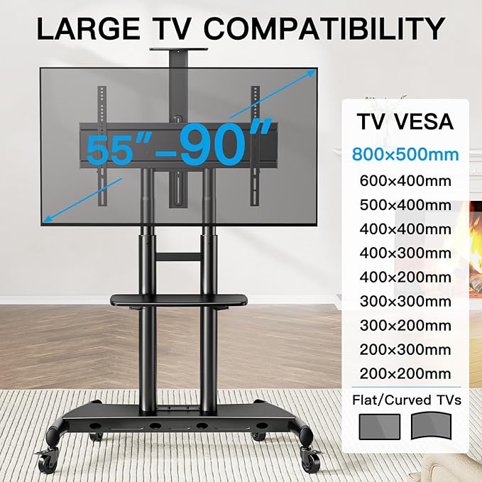 PERLESMITH Mobile TV Stand for 55-90 Inch Flat/Curved Screen TV Max VESA - Image 3