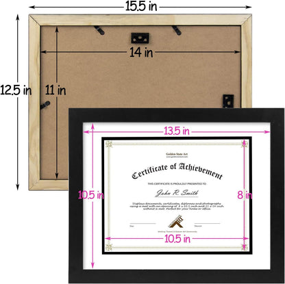 Golden State Art 11x14 Diploma Frame for 8.5x11 Document,Solid Wood/Glass | Fit For 11X14 Document & Certificates Without Mat,Double Mat(White With Black) ,Black ,1 Pack