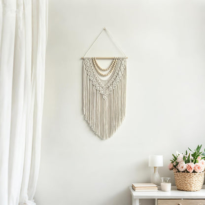 guzhiou Macrame Wall Hanging Boho Geometric Woven Tapestry Cotton Handmade Bohemian Art Decor with Wood Bead Wall Decor for Bedroom Living Room Apartment Nursery 31.5" L x 17" W (Wood bead-B)