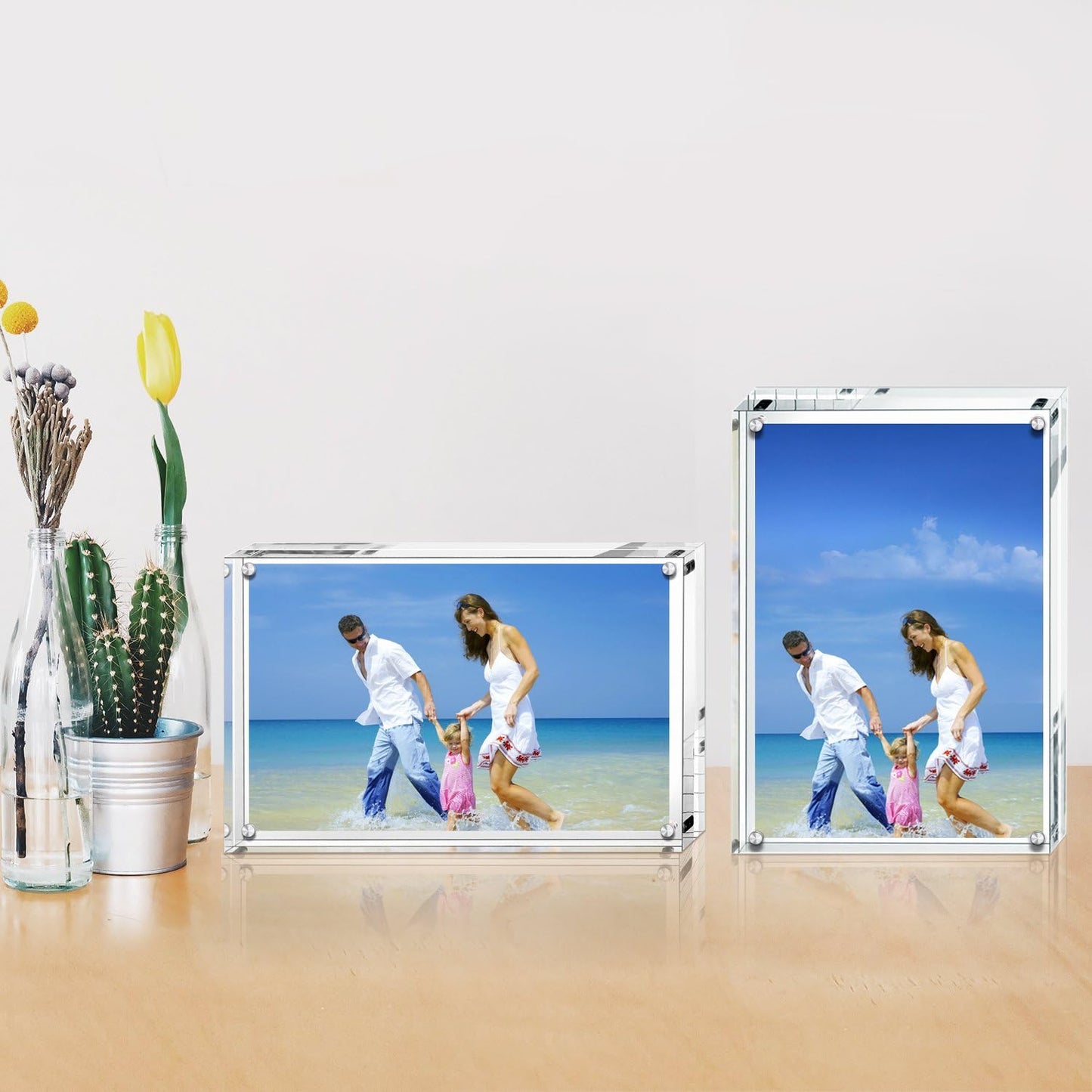AMEITECH Acrylic Photo Frames 6x8'', Magnetic Acrylic Block Picture Frame,Desktop Frameless Photograph Display | Double Sided Floating Magnetic Frames, 20mm Thick, Free Standing Desktop Display for Postcards, Pictures and Artworks