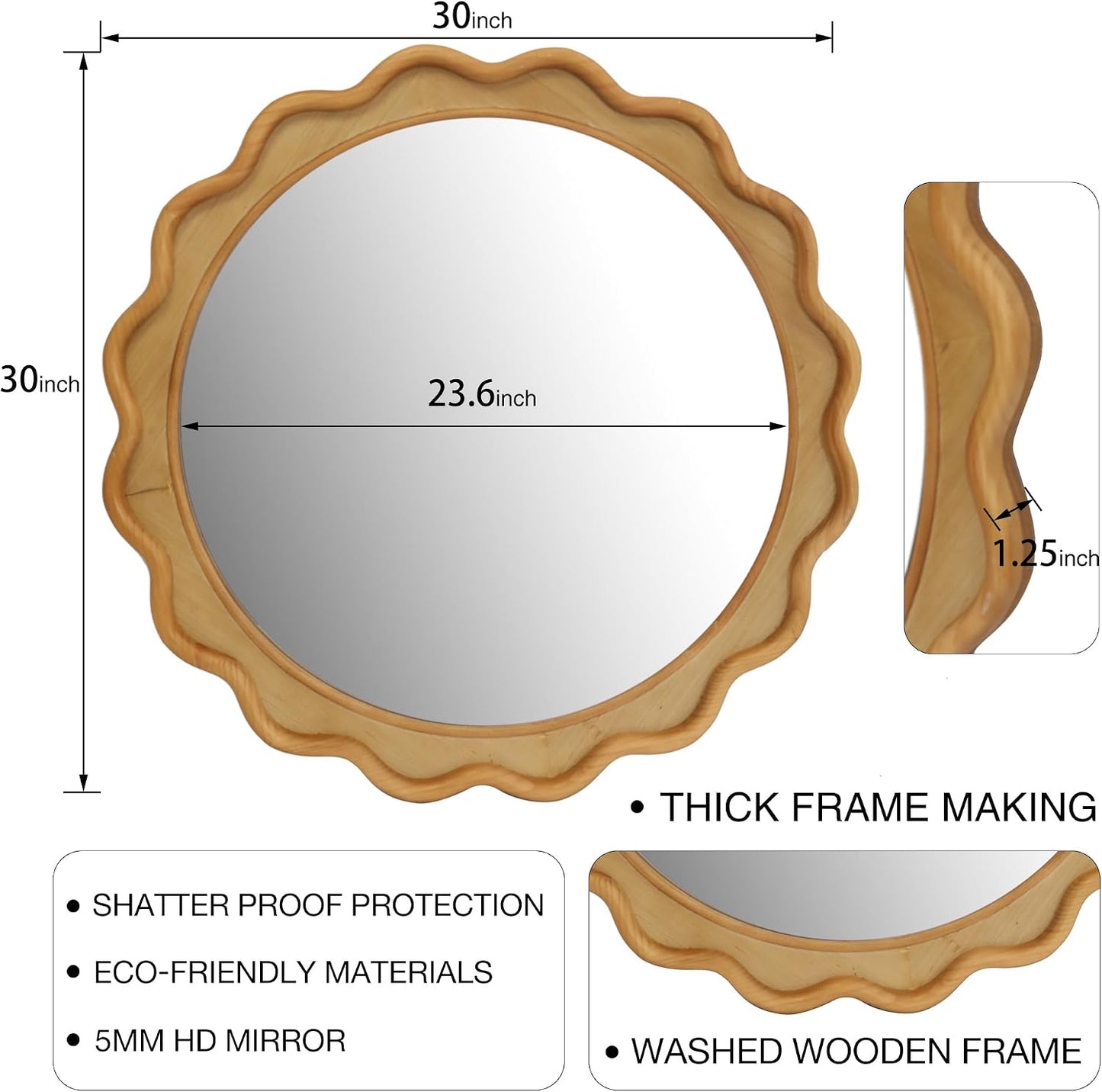 RiteSune Round Mirror 30 Inch, Farmhouse Wall Decor, Large Rustic Circle for Living Room, Bathroom, Entryway