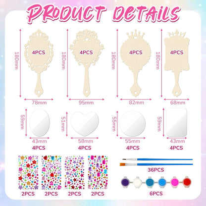 16 Sets Wooden Mirror Craft Kit, Girls DIY Princess Hand Mirror | Unbreakable Mirror for Kids, Princess Tea Party Gift, Back to School Supplies, Christmas Birthday Art Activities Favors