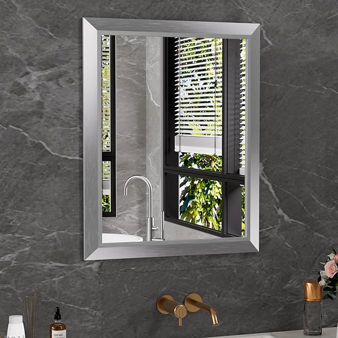 Amorho 24x30 Inch Bathroom Mirror Silver, Thick Metal Framed Wall Mirrors by Amorho