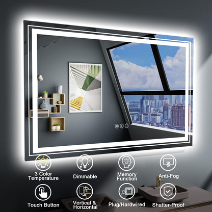Snowdool 23x35 LED Bathroom Mirror with Front and Backlight, Dimmable Lighted Bathroom Vanity Mirror with Anti-Fog, Memory Function,Tempered Glass(Horizontal/Vertical) | Front and Backlit, Dimmable, Anti-Fog, Tempered Glass