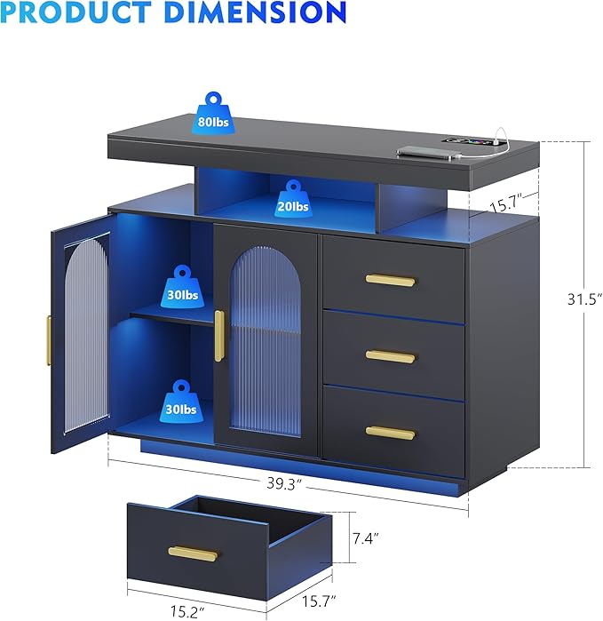 40" LED Buffet Cabinet with Charging Station, Auto Sensor Kitchen Storage - Image 2