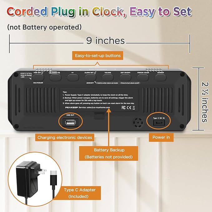 Peakeep Digital Alarm Clock for Bedrooms, Date Day of Week Large Display - Image 8
