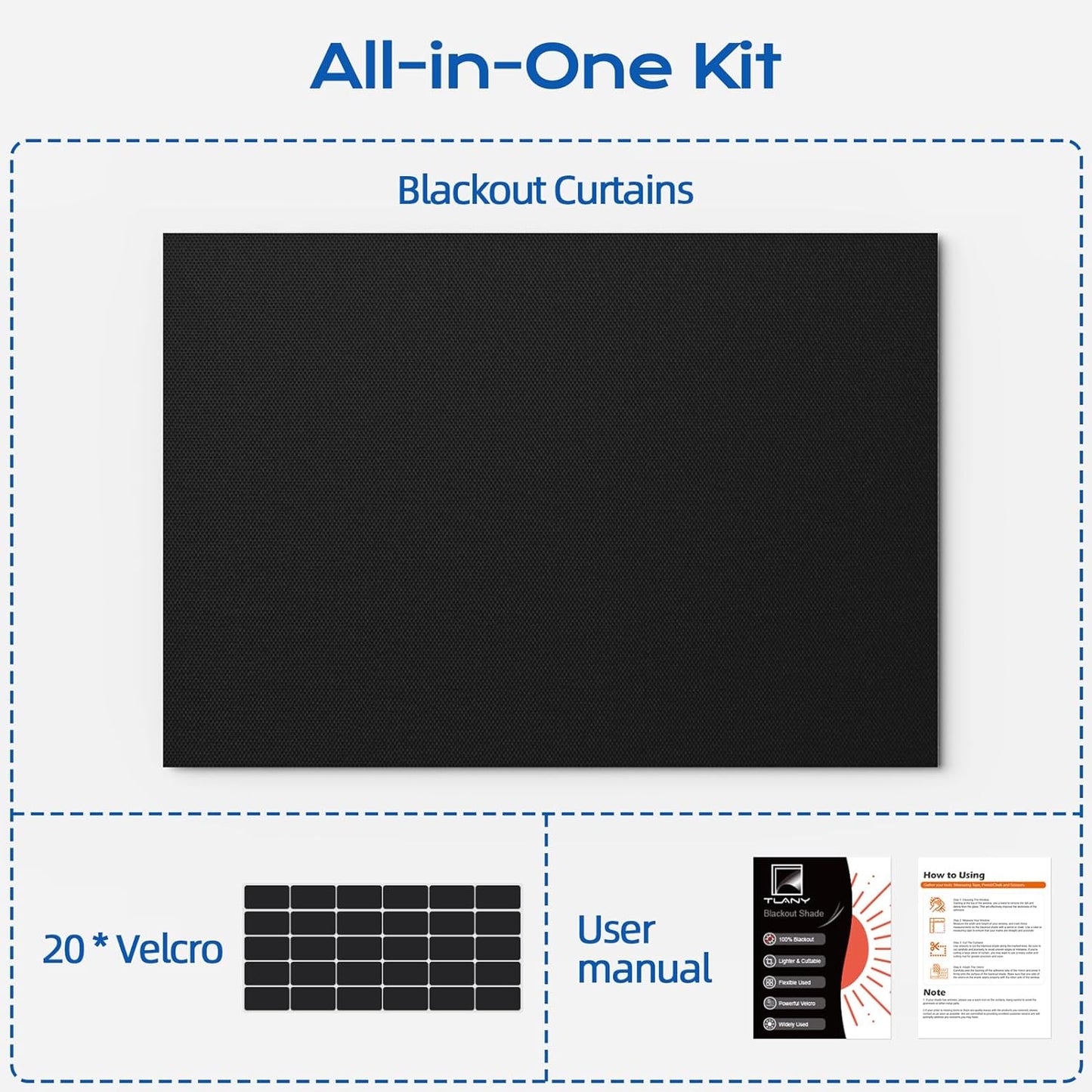 Blackout Curtains for Bedroom, 39" x 58" Portable Black Out Blinds with 20 Sets Hook & Loop Strips for 100% Blackout Window Film, Temporary Black-out Shades for Windows Cover Nursery Travel RV- Blacks