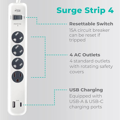 KMC 4-Outlet Surge Protector Power Strip, 1 USB-A & 1 USB-C Port, Power Strip - Image 2