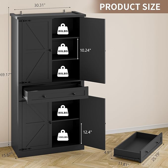Pantry Organizers and Storage Cabinet, 70” Barn Door White Kitchen Cabinet - Image 2