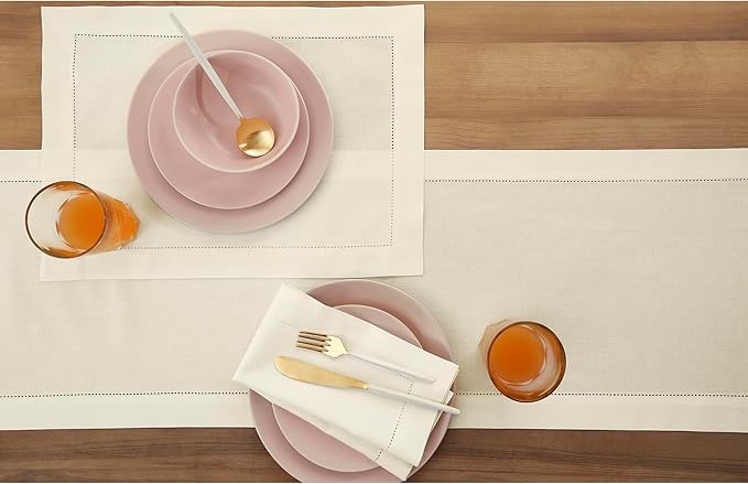 Solino Home Ivory Table Runner 60 Inches - Cotton Linen Hemstitch Coffee Tabl...