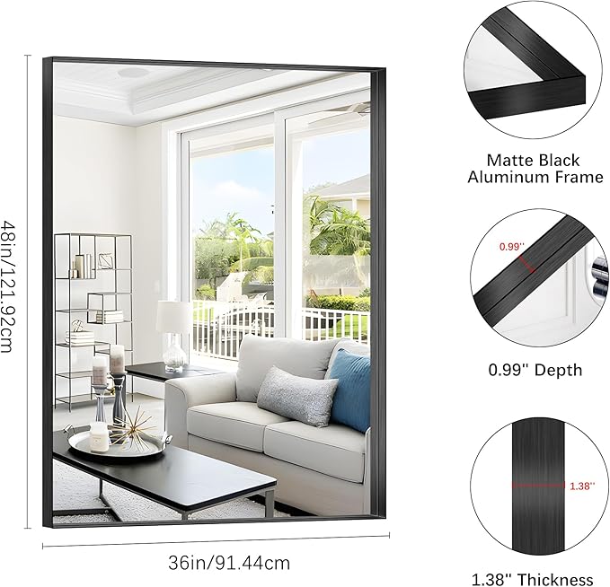 Black Bathroom Mirror, 36x48 Inch Rectangular Deep Frame Mirror, Large Wall - Image 3