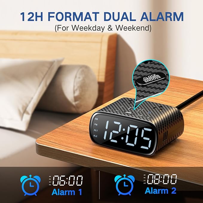 XBA Digital Alarm Clock with 20W USB C Ports, Dual Alarm Clock Power Strip with - Image 4