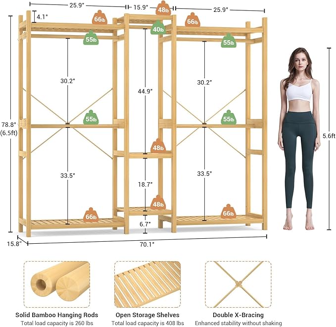 Homykic Bamboo Closet System Clothes Rack, Large Freestanding Garment Rack - Image 4
