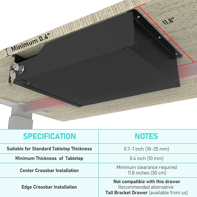 Under Desk Drawer Storage with Lock, Metal Undermount Table Drawer, Ball - Image 3