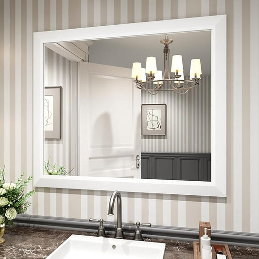 Amorho Bathroom Mirror, 40x36 Inch White Thick Metal Framed Wall Mirrors by Amorho