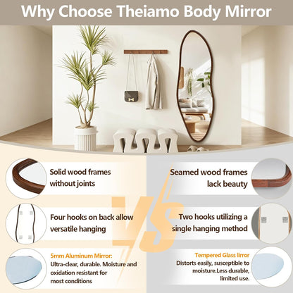 Irregular Full Length Mirror, 65"x22" Wood Full Body Mirror Walnut | HD Shatter-Proof, Large Asymmetrical Wall Mirrors for Decor, Bedroom Living Room Entryway Cloakroom, Horizontal/Vertical