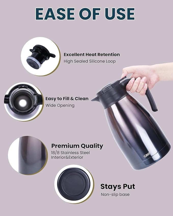 GiNT 2.2L / 74Oz Thermal Coffee Carafe, Insulated Stainless Steel Coffee Carafes - Image 3