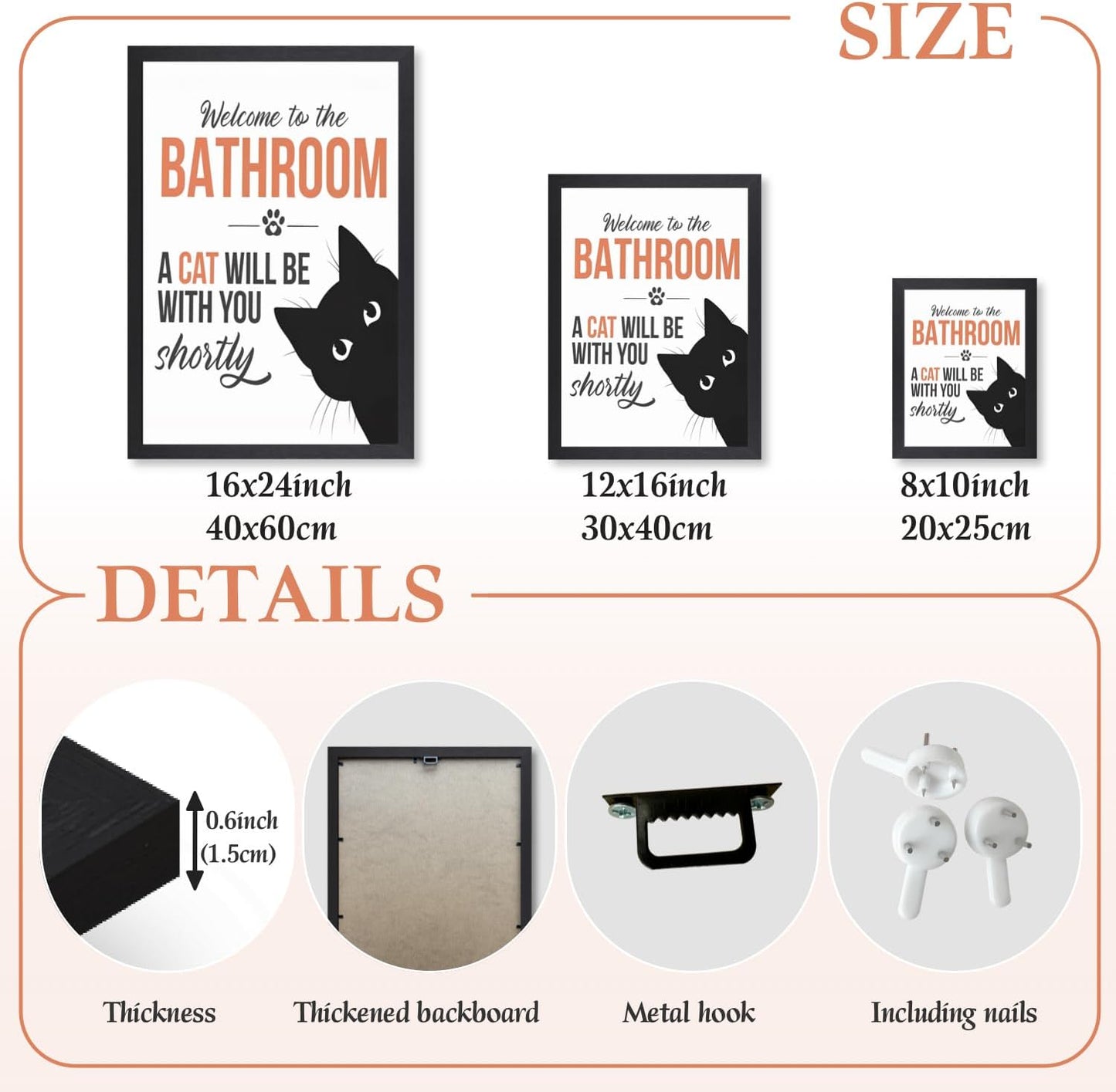 LLEEMPI Welcome to the Bathroom Cat Wall Art, 8x10 Wood Framed Print | Black and white minimalist design, funny cat quote for bathroom, restroom or toilet, housewarming gift for cat lovers