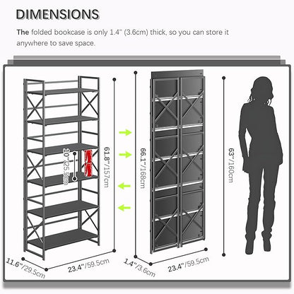 4NM 6 Tiers No Assembly Book Shelves, 61.8" H Folding Bookshelf Bookcase Open - Image 2