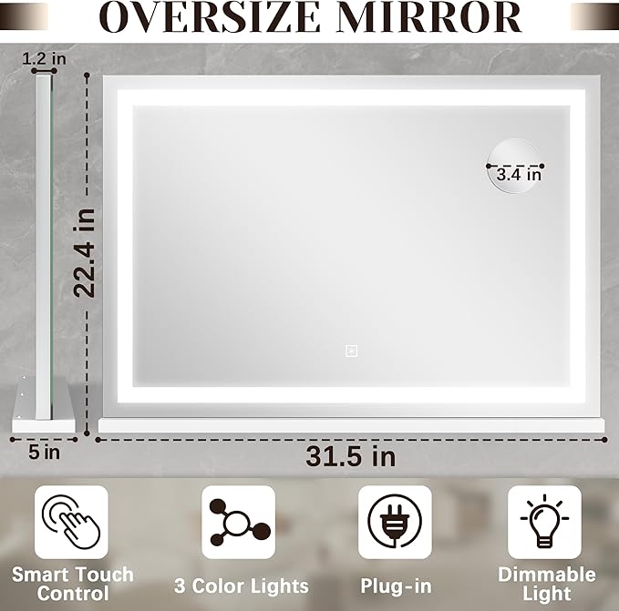 ROLOVE 31" x 22" Large Lighted Vanity Mirror - Image 2
