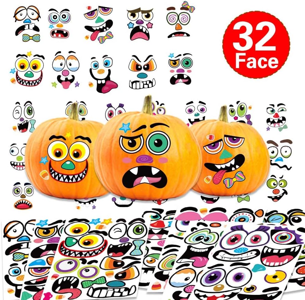 Halloween Pumpkin Face Stickers Halloween Pumpkin Decorating Stickers | 64 Pack Large Pumpkin Craft Stickers for Kids Toddlers Make Jack-O-Lantern Face Decals for Pumpkins and Squashes