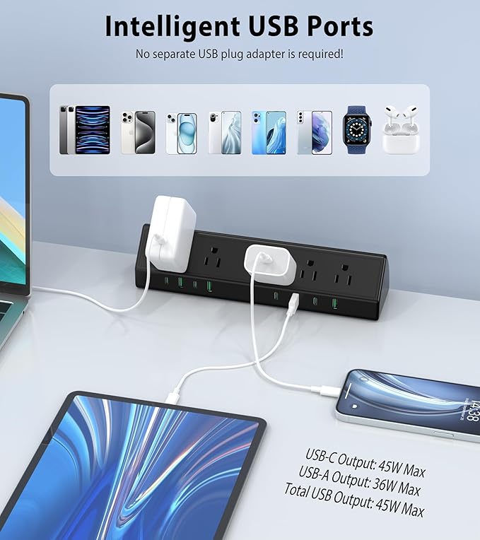 45W Fast Charging Station, Desk Clamp Power Strip, 4 PD USB-C Ports, 5 AC - Image 3