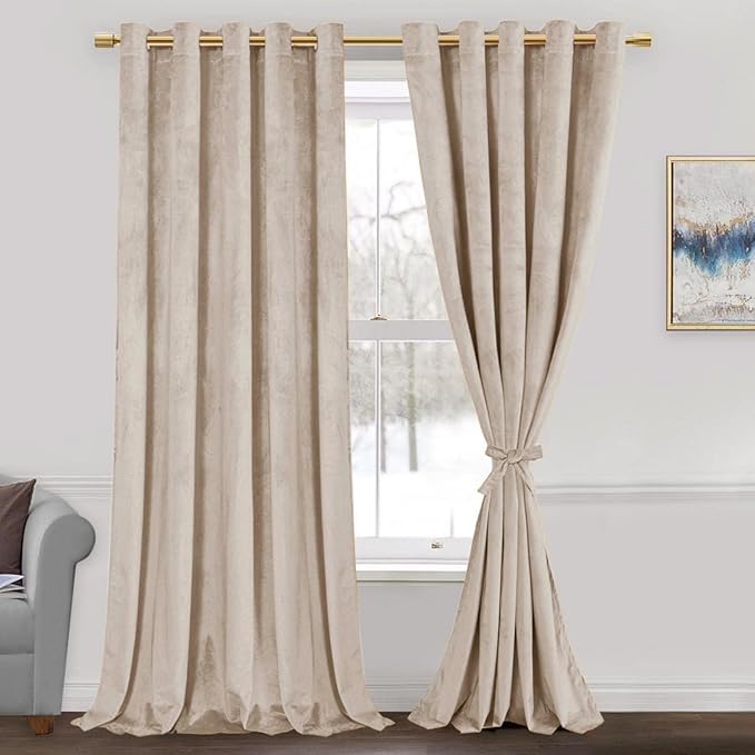 JIUZHEN Beige Velvet Curtains 96 inches by JIUZHEN