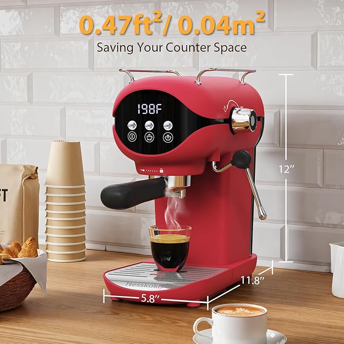 Espresso Machine with Steam Milk Frother Semi Automatic 20 Bar Compact Red with - Image 5
