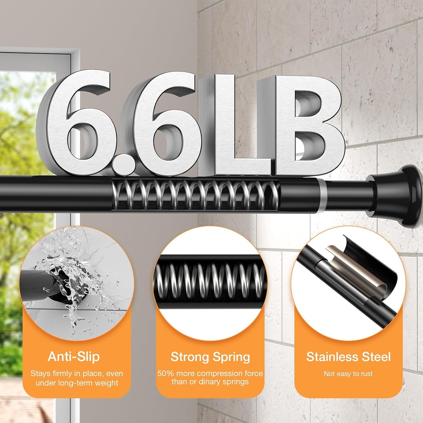 Tension Curtain Rod 30-76Inch Black Tension Rod for Windows | Shower Curtain Rods No Drilling Spring Adjustable Curtain Rods for Windows,Doorway,Bathroom,Closet,7/8" Diameter