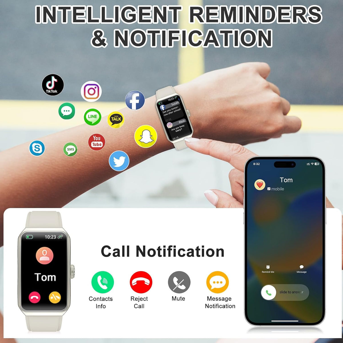 fitness tracker, step counter with 24/7 heart rate showing dimensions