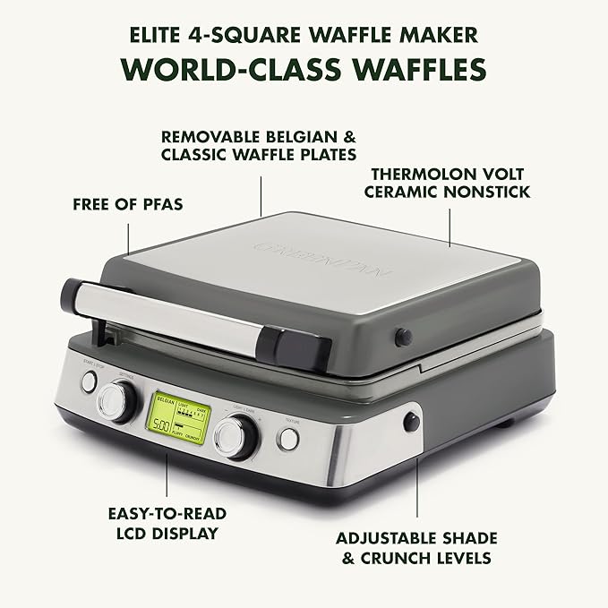 GreenPan Elite 4-Square Belgian & Classic Waffle Maker, Healthy Ceramic - Image 4