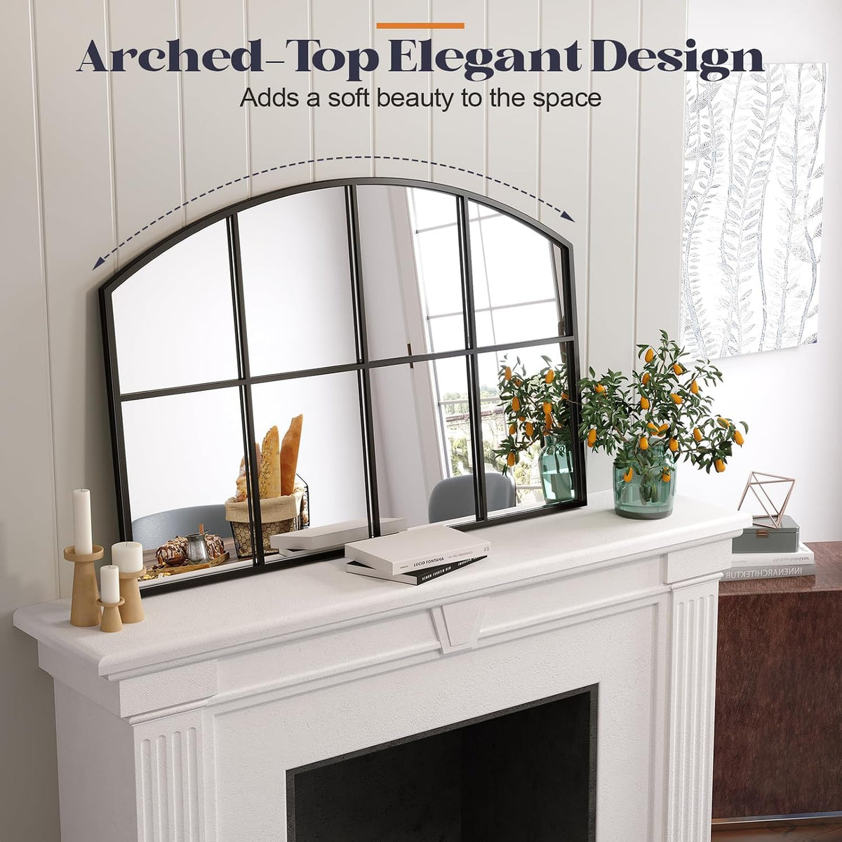 Black Arched Window Pane Mirror, 42" x 28" Grid Wall Mirror | Farmhouse Large Wide Wall Mirror Decorative Mirrors for Entryway, Hallway, Fireplace, Living Room, Bedroom, Dining Room