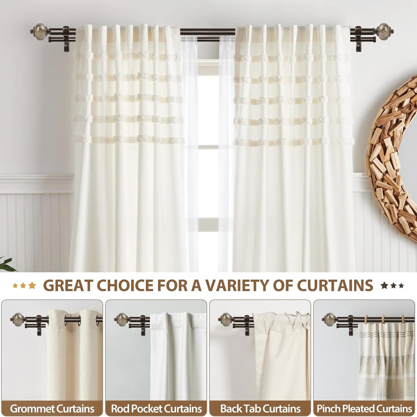 KAMANINA Double Curtain Rods for Windows 72 to 144 Inch, Adjustable, Bronze | Heavy Duty 1 Inch, Adjustable, Long Dual Drapery Rod for Living Room, Bedroom, Easy Install, Decorative Marbled Finials