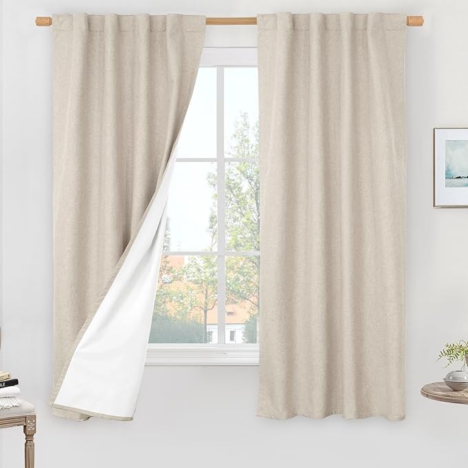 LAMIT Oatmeal 100% Blackout Linen Curtains, 63 Inches Linen Textured Thermal by LAMIT