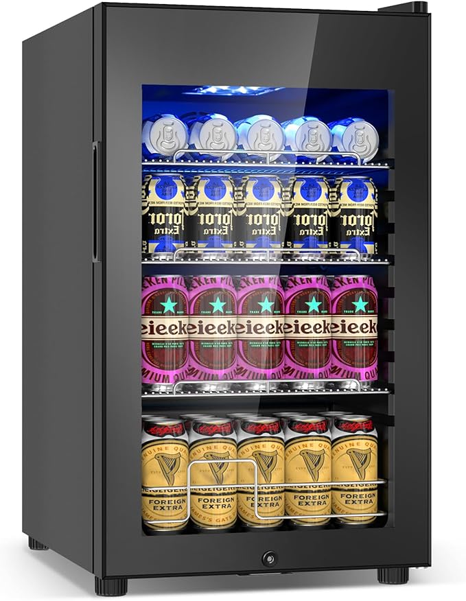 17 Inch Black Beverage Refrigerator- 126 Can Glass Door Beer Cooler by Velivi
